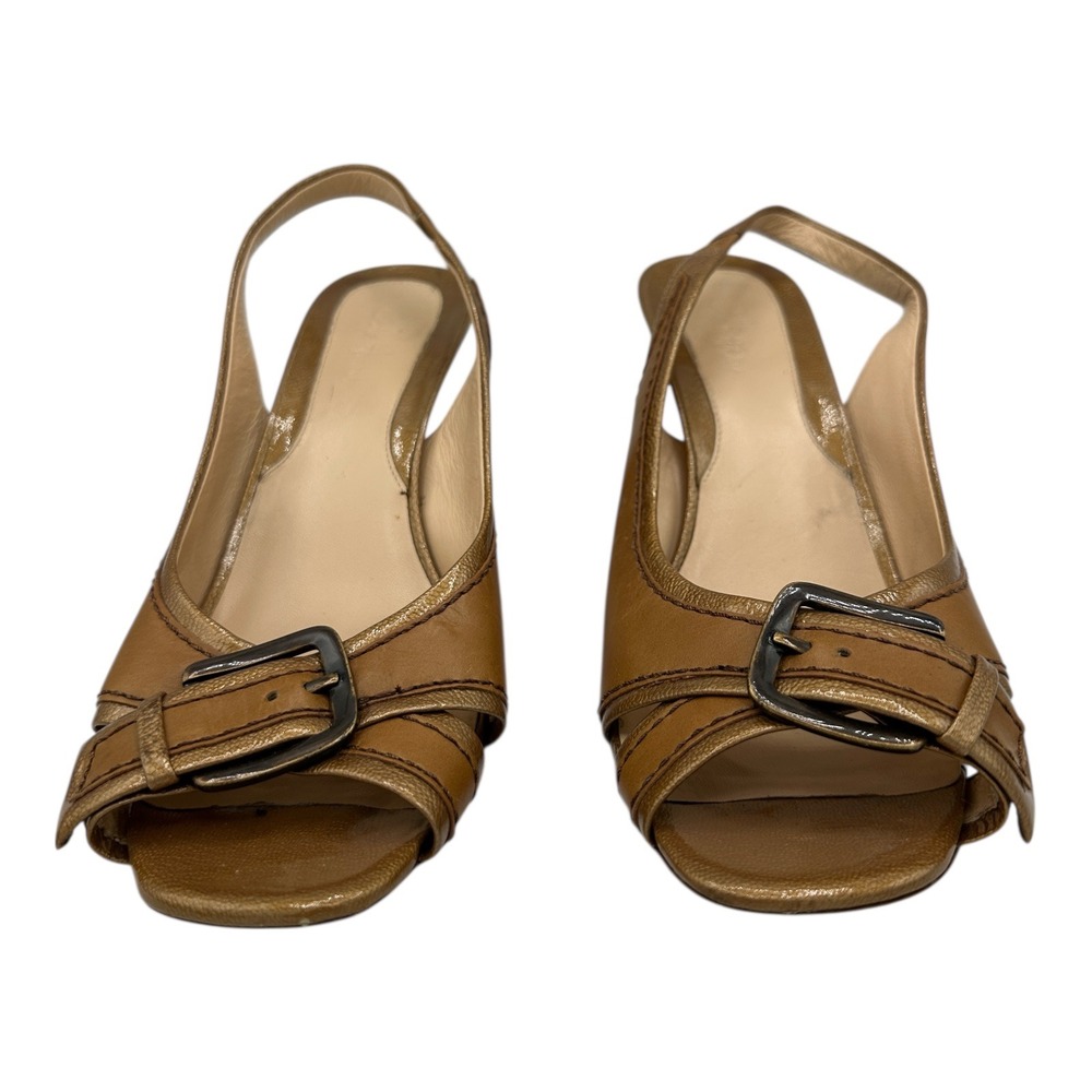 Cole Haan Tan Leather Slingback Heels Peep Toe Buckle Kitten Heel Shoes Size 7.5